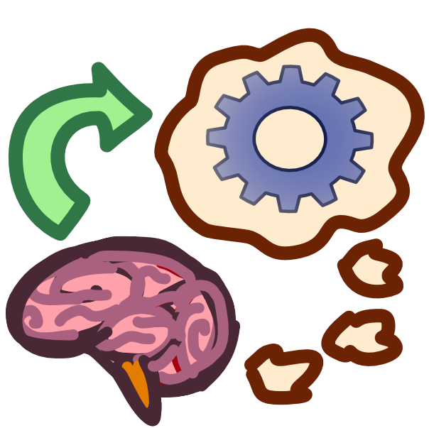 An image with dark line art shows a pink brain in the bottom left corner. An off white thought bubble comes from the brain and has a blue gear inside it. A curved green arrow points from the brain to the thought bubble.
